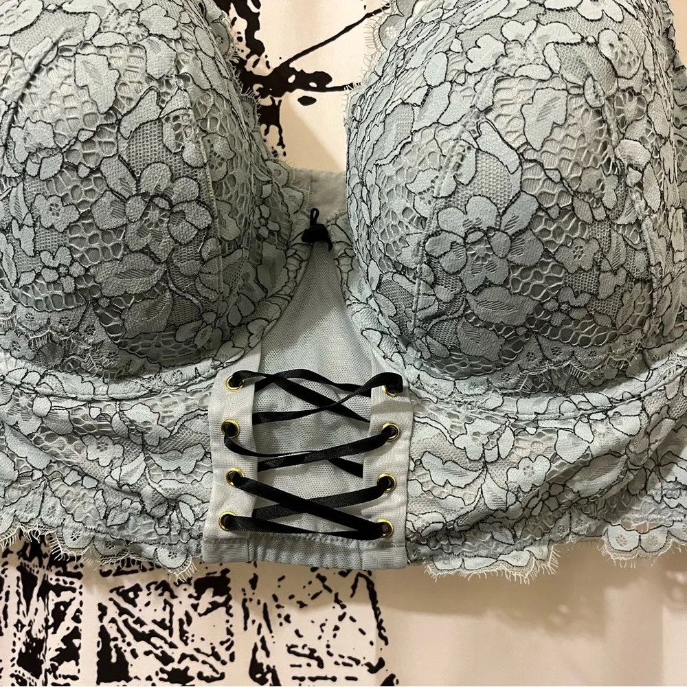 Cacique Lace Balconette Bra Underwire Lace Up Accents Blue 42DD - Picture 3 of 13